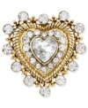 Style with a lot of heart. Betsey Johnson's lovely heart ring is decorated with glistening crystal accents. Set in antiqued gold tone mixed metal. Ring stretches to fit finger.