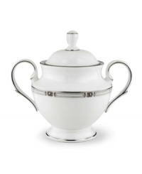 An art deco inspired design, platinum trim and metallic dots lend the Westerly Platinum sugar bowl sophisticated polish. This versatile collection perfectly coordinates with a variety of stemware and table linens. An art deco inspired design, platinum trim and metallic dots lend the Westerly Platinum sugar bowl sophisticated polish. This versatile collection perfectly coordinates with a variety of stemware and table linens.