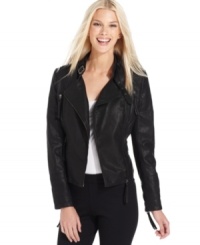 Studio M makes it easy to add stylish rocker-edge to your outfit with this faux leather moto jacket. Studio M makes it easy to add stylish rocker-edge to your outfit with this faux leather moto jacket.