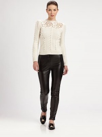 This slim-fitting leather style features a flattering slim cut and open-weave embroidery down each leg.Self waistbandZip fly with concealed closureOpen-weave embroiderySlim legConcealed side zipInseam, about 32LeatherDry clean by leather specialistMade in ItalyModel shown is 5'9 (175cm) wearing US size 4. This slim-fitting leather style features a flattering slim cut and open-weave embroidery down each leg.Self waistbandZip fly with concealed closureOpen-weave embroiderySlim legConcealed side zipInseam, about 32LeatherDry clean by leather specialistMade in ItalyModel shown is 5'9 (175cm) wearing US size 4.