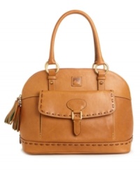 Two-toned fringed zip pulls, exposed chunky stitching and an elegant silhouette lend the classically chic Florentine satchel a fresh vibe. Two-toned fringed zip pulls, exposed chunky stitching and an elegant silhouette lend the classically chic Florentine satchel a fresh vibe.
