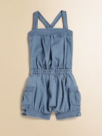 The perfect seasonal romper features criss cross straps, pockets, sweet bows and lots of perky polka dots.SquareneckSleeveless with criss cross strapsAdjustable straps with buttonsElastic waistSide patch pocketsBow detail on hemCottonMachine washImported The perfect seasonal romper features criss cross straps, pockets, sweet bows and lots of perky polka dots.SquareneckSleeveless with criss cross strapsAdjustable straps with buttonsElastic waistSide patch pocketsBow detail on hemCottonMachine washImported