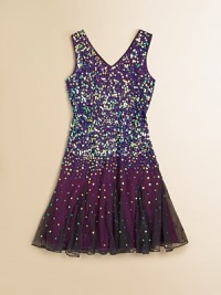 She'll be a real showstopper in this glitzy, sequined frock with full skirt, perfect for twirling and dancing.V-neckSleevelessPullover styleFull skirtFully linedPolyesterDry cleanImported She'll be a real showstopper in this glitzy, sequined frock with full skirt, perfect for twirling and dancing.V-neckSleevelessPullover styleFull skirtFully linedPolyesterDry cleanImported