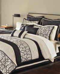 Martha Stewart Collection's Manuscript comforter set writes a stylish story with elegant loops and swirls inspired by ornate calligraphy. Matching accent pillows add a decorator's touch, while the serene palette of black and cream coordinates beautifully with modern and traditional rooms alike. Martha Stewart Collection's Manuscript comforter set writes a stylish story with elegant loops and swirls inspired by ornate calligraphy. Matching accent pillows add a decorator's touch, while the serene palette of black and cream coordinates beautifully with modern and traditional rooms alike.
