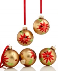 Watch your holiday bloom with elegant Martha Stewart Collection Christmas ornaments. Matte gold glass painted with shiny poinsettia and holly fills the tree with timeless grace. Watch your holiday bloom with elegant Martha Stewart Collection Christmas ornaments. Matte gold glass painted with shiny poinsettia and holly fills the tree with timeless grace.