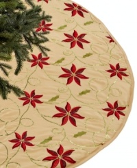 An elegant foundation for every tree, this elaborate gold tree skirt is embroidered with red poinsettia and vines of glistening sequins to enhance every holiday. An elegant foundation for every tree, this elaborate gold tree skirt is embroidered with red poinsettia and vines of glistening sequins to enhance every holiday.