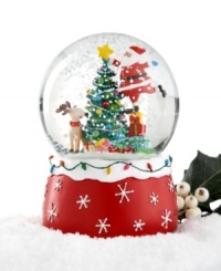 Nothing like a snow globe to spread holiday cheer. Holiday Lane captures a heartwarming scene where Santa adds final touches to his Christmas tree as Rudolph looks on. Plays Deck the Halls. Nothing like a snow globe to spread holiday cheer. Holiday Lane captures a heartwarming scene where Santa adds final touches to his Christmas tree as Rudolph looks on. Plays Deck the Halls.
