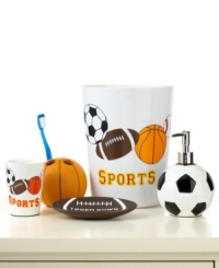 Take a time out for bath time with this Play Ball wastebasket, featuring your favorite sport accessories in a fun, spirited design. Take a time out for bath time with this Play Ball wastebasket, featuring your favorite sport accessories in a fun, spirited design.
