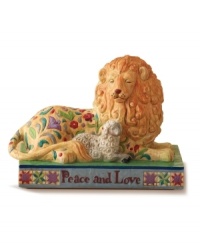 Jim Shore's lion and lamb collectible figurine, inscribed with Peace and Love, inspires a moment reflection on the true meaning of the holiday season. Jim Shore's lion and lamb collectible figurine, inscribed with Peace and Love, inspires a moment reflection on the true meaning of the holiday season.