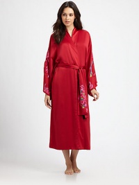 Magnificent floral embroidery amplifies the luxury of this present-perfect satin robe.Classic wrap stylingSelf sashLong sleevesEmbroidery on sleeves and sashAbout 49 longPolyesterMachine washImported Magnificent floral embroidery amplifies the luxury of this present-perfect satin robe.Classic wrap stylingSelf sashLong sleevesEmbroidery on sleeves and sashAbout 49 longPolyesterMachine washImported