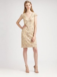 Luxe, intricate soutache embroidery, enhanced with delicate beading and sheer illusion sleeves.V necklineSheer cap sleevesAllover beaded embroideryConcealed side zipFully linedAbout 22 from natural waistPolyesterSpot cleanImportedModel shown is 5'11 (180cm) wearing US size 4. Luxe, intricate soutache embroidery, enhanced with delicate beading and sheer illusion sleeves.V necklineSheer cap sleevesAllover beaded embroideryConcealed side zipFully linedAbout 22 from natural waistPolyesterSpot cleanImportedModel shown is 5'11 (180cm) wearing US size 4.