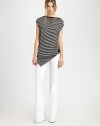 Parisian-inspired stripes highlight soft cotton jersey in this draped, hi-lo hem topper.Modified cowlneckDropped shouldersDraped frontHem longer frontBanded back hemPullover style40% viscose/33% cotton/27% nylonDry cleanImported of Italian fabricModel shown is 5'9½ (175cm) wearing US size Small.