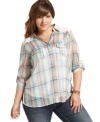 Look super-cute from all angles with American Rag's plaid plus size shirt, showcasing a crochet back.