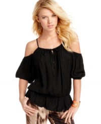 Dare to entice with this blouson-style top from GUESS?, where sultry shoulder cutouts expose just the right amount of skin! Dare to entice with this blouson-style top from GUESS?, where sultry shoulder cutouts expose just the right amount of skin!