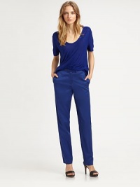 Silk adds a touch of shimmer to this rayon staple with skinny-leg construction and four-pocket styling. Button closureZip flySlash pocketsBack besom pocketsInseam, 31Rise, 1051% rayon/49% silkDry cleanImportedModel shown is 5'9 (175cm) wearing US size Small. Silk adds a touch of shimmer to this rayon staple with skinny-leg construction and four-pocket styling. Button closureZip flySlash pocketsBack besom pocketsInseam, 31Rise, 1051% rayon/49% silkDry cleanImportedModel shown is 5'9 (175cm) wearing US size Small.