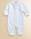 The softest cotton one-piece, with attached feet and charming blue dot trim.Snap closuresLong sleevesPicot edgingMachine washCottonImported