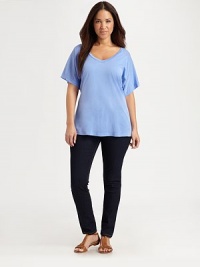 Your shape will look its best in this super-soft design that accentuates the bust, provides arm coverage and has intriguing seam details.Deep v-neckElbow-length sleevesAbout 29 from shoulder to hemPima cottonMachine washMade in USA Your shape will look its best in this super-soft design that accentuates the bust, provides arm coverage and has intriguing seam details.Deep v-neckElbow-length sleevesAbout 29 from shoulder to hemPima cottonMachine washMade in USA