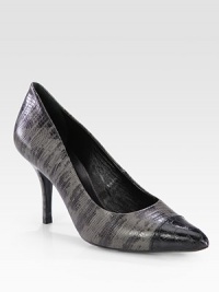 Bicolor pump of lizard-print leather, with a crocodile-embossed cap toe for some exotic edge. Lizard-print leather heel, 3¾ (95mm)Lizard-print leather upper with crocodile-print leather cap toePoint toeLeather lining and solePadded insoleImported Bicolor pump of lizard-print leather, with a crocodile-embossed cap toe for some exotic edge. Lizard-print leather heel, 3¾ (95mm)Lizard-print leather upper with crocodile-print leather cap toePoint toeLeather lining and solePadded insoleImported