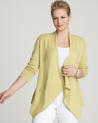 A dramatic cascading front lends this Eileen Fisher cardigan to elegant layering -- throw it on on chillier days to infuse your look with color. A dramatic cascading front lends this Eileen Fisher cardigan to elegant layering -- throw it on on chillier days to infuse your look with color.