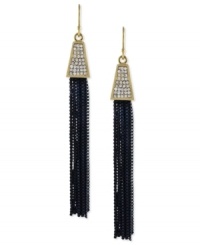 The tassels are well worth it. These earrings from Vince Camuto feature black painted chain tassels underneath a top crafted from gold-tone mixed metal with crystal pave accents adding luster. Approximate drop: 3-1/2 inches. The tassels are well worth it. These earrings from Vince Camuto feature black painted chain tassels underneath a top crafted from gold-tone mixed metal with crystal pave accents adding luster. Approximate drop: 3-1/2 inches.
