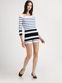 This nautical-inspired cotton style is banded with bold horizontal stripes and accented with metal buttons.BoatneckButton detailsThree-quarter sleevesCottonDry cleanMade in Italy of imported fabric This nautical-inspired cotton style is banded with bold horizontal stripes and accented with metal buttons.BoatneckButton detailsThree-quarter sleevesCottonDry cleanMade in Italy of imported fabric