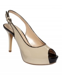 A flawless finish to your look. With a high shine and subtle color blocking, the Goldi slingback pumps by Marc Fisher lend sophisticated style. A flawless finish to your look. With a high shine and subtle color blocking, the Goldi slingback pumps by Marc Fisher lend sophisticated style.
