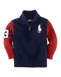 A sporty full-zip mockneck sweater is rendered in breathable combed cotton in a color-blocked design with a Big Pony for bold style. A sporty full-zip mockneck sweater is rendered in breathable combed cotton in a color-blocked design with a Big Pony for bold style.