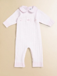 A precious one-piece for your little princess in ultra-soft, cable-knit cotton with sweet smocking and embroidered flowers.Peter Pan collarLong sleevesBack buttonsBottom snapsCottonMachine washImported Please note: Number of buttons and snaps may vary depending on size ordered. A precious one-piece for your little princess in ultra-soft, cable-knit cotton with sweet smocking and embroidered flowers.Peter Pan collarLong sleevesBack buttonsBottom snapsCottonMachine washImported Please note: Number of buttons and snaps may vary depending on size ordered.