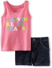 Calvin Klein Girls 2-6X Tee With Denim Short, Pink, 6 Calvin Klein Girls 2-6X Tee With Denim Short, Pink, 6