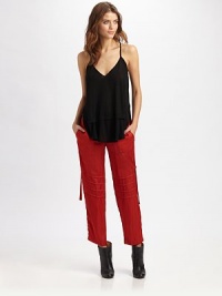 A fashion-forward, ankle-length style with edgy seaming at the knees and free-falling side straps.Hook-and-eye closureBelt loopsZip flyFront and back pocketsInseam, about 26Rise, about 9PolyesterDry cleanMade in USA of imported fabric Model shown is 5'10 (177cm) wearing US size 4. A fashion-forward, ankle-length style with edgy seaming at the knees and free-falling side straps.Hook-and-eye closureBelt loopsZip flyFront and back pocketsInseam, about 26Rise, about 9PolyesterDry cleanMade in USA of imported fabric Model shown is 5'10 (177cm) wearing US size 4.