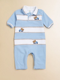 A dapper one-piece for baby in ultra-soft cotton with contrasting stripes and embroidered dumptrucks.Shirt collarShort sleevesButton frontBottom snapsCottonMachine washImported Please note: Number of buttons and snaps may vary depending on size ordered. A dapper one-piece for baby in ultra-soft cotton with contrasting stripes and embroidered dumptrucks.Shirt collarShort sleevesButton frontBottom snapsCottonMachine washImported Please note: Number of buttons and snaps may vary depending on size ordered.