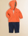 This coordinating athletic set includes a classic hooded fleece pullover and coordinating sweatpant for an authentic sporty look. Hoodie Attached hoodLong sleevesButton-frontKangaroo pocket Pants Elastic waistband with sewn drawstring bowFaux flyAngled pocketsCottonMachine washImported Please note: Number of buttons may vary depending on size ordered. 