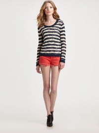 Distressed, drop-stitch details elevate this classic striped pullover.ScoopneckLong sleevesAbout 27 from shoulder to hem39% cotton/26% silk/21% rayon/14% polyamideDry cleanImported of Italian fabricModel shown is 5'10 (177cm) wearing US size Small. Distressed, drop-stitch details elevate this classic striped pullover.ScoopneckLong sleevesAbout 27 from shoulder to hem39% cotton/26% silk/21% rayon/14% polyamideDry cleanImported of Italian fabricModel shown is 5'10 (177cm) wearing US size Small.