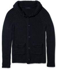 This shawl collar cardigan from Calvin Klein gives you preppy polish while keep your laid-back look. This shawl collar cardigan from Calvin Klein gives you preppy polish while keep your laid-back look.