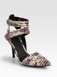A sleek point toe pump in two-tone lizard-embossed leather, with wide ankle straps for an extra dose of edge. Self-covered heel, 4 (100mm)Lizard-print leather upperPoint toeAnkle strap with snap closuresLeather lining and solePadded insoleImported A sleek point toe pump in two-tone lizard-embossed leather, with wide ankle straps for an extra dose of edge. Self-covered heel, 4 (100mm)Lizard-print leather upperPoint toeAnkle strap with snap closuresLeather lining and solePadded insoleImported