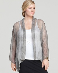 A sheer silhouette and kimono sleeves lend modern edge to this Eileen Fisher Plus jacket. Play up the metallic palette with sleek silver accents. A sheer silhouette and kimono sleeves lend modern edge to this Eileen Fisher Plus jacket. Play up the metallic palette with sleek silver accents.