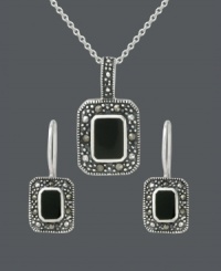 The building blocks of style in one sweet, matching set. Genevieve & Grace jewelry features rectangular onyx gemstones (8 mm x 5 mm and 6 mm x 4 mm) that stand out against a glittering marcasite frame. Crafted in sterling silver. Approximate necklace length: 18 inches. Approximate pendant drop: 15/16 inch. Approximate earring drop: 15/16 inch.