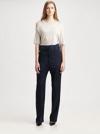 Timelessly tailored pants with a detachable elastic waistband, single back besom pocket and front-to-back pleating. Detachable elastic waistbandButton closureZip flySingle back besom pocketRise, about 13½Inseam, about 3055% wool/45% viscoseDry cleanImportedModel shown is 5'10 (177cm) wearing US size 4. Timelessly tailored pants with a detachable elastic waistband, single back besom pocket and front-to-back pleating. Detachable elastic waistbandButton closureZip flySingle back besom pocketRise, about 13½Inseam, about 3055% wool/45% viscoseDry cleanImportedModel shown is 5'10 (177cm) wearing US size 4.