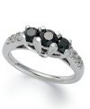 Chic contrast. This sweetly-sparkling 3-stone ring combines round-cut black diamonds (3/4 ct. t.w.) and white diamonds at the shoulders (1/4 ct. t.w.). Set in 14k white gold.