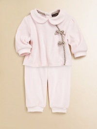 Lush velour and Fendi logo trim make this two-piece set the ultimate in luxe loungewear. Top Peter Pan collarBack snap closureLong sleeves with ribbed cuffs Pants Elastic waistbandRibbed cuffs80% cotton/20% nylonMachine washMade in Italy of imported fabric Lush velour and Fendi logo trim make this two-piece set the ultimate in luxe loungewear. Top Peter Pan collarBack snap closureLong sleeves with ribbed cuffs Pants Elastic waistbandRibbed cuffs80% cotton/20% nylonMachine washMade in Italy of imported fabric