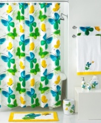 Butterflies dance together in harmony in the Flights of Fancy shower curtain, inspired by American artist Vera Neumann's classic silk scarves. Butterflies dance together in harmony in the Flights of Fancy shower curtain, inspired by American artist Vera Neumann's classic silk scarves.