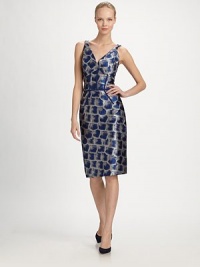 This sumptuous silk design boasts a shiny tortoise print and contrast stitching for a slimming silhouette.V-neckSleevelessConcealed back zipperFront and back contrast stitchingSilk liningAbout 32 from natural waistSilkDry cleanMade in USA of Italian fabric Model shown is 5'11 wearing US size 4. This sumptuous silk design boasts a shiny tortoise print and contrast stitching for a slimming silhouette.V-neckSleevelessConcealed back zipperFront and back contrast stitchingSilk liningAbout 32 from natural waistSilkDry cleanMade in USA of Italian fabric Model shown is 5'11 wearing US size 4.
