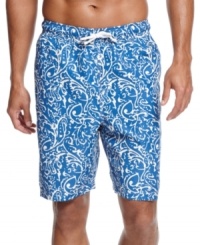 In the deep blue sea. Prepare to explore in comfort and style with these paisley swim trunks from Club Room.