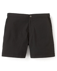 A stately pair of swim trunks from Theory transitions well between beach and beyond, and features a shorter leg to maximize the sunlight. A stately pair of swim trunks from Theory transitions well between beach and beyond, and features a shorter leg to maximize the sunlight.