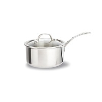 This Tri-Ply Calphalon sauce pan features an updated lid design to give lower profile and a cool V stainless steel handle. Classic vessel design, induction capable magnetic stainless steel exterior. This Tri-Ply Calphalon sauce pan features an updated lid design to give lower profile and a cool V stainless steel handle. Classic vessel design, induction capable magnetic stainless steel exterior.