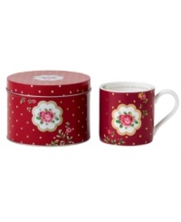 Royal Albert offers a festive twist on the iconic Old Country Roses pattern with a holiday mug mixing shiny gold dots with pink and gold florals. A message about love inside and coordinating tin make it a great gift. Royal Albert offers a festive twist on the iconic Old Country Roses pattern with a holiday mug mixing shiny gold dots with pink and gold florals. A message about love inside and coordinating tin make it a great gift.
