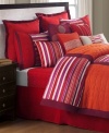 Make a bold statement in any room with this Trilogy comforter set, featuring an alluring array of colors and patterns. A brilliant red, pink and orange palette, distinctive stripes and luxe textures come together for a new take on modern.