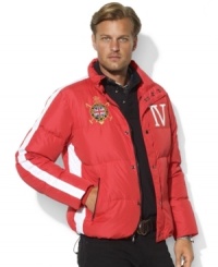 In celebration of the St. Moritz Polo World Cup on Snow, support your country of choice in a lightweight team racer jacket with bold athletic stripes, a snow polo crest and the country name and flag patch at the back. In celebration of the St. Moritz Polo World Cup on Snow, support your country of choice in a lightweight team racer jacket with bold athletic stripes, a snow polo crest and the country name and flag patch at the back.