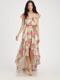 Lush florals bloom on silk chiffon in this oh-so-feminine frock finished with soft ruffles and a high-low hem.Square neckline with V notchShort flutter sleevesSkinny beltRuffled hemScoopbackAbout 54 from shoulder to hemSilkDry cleanImportedModel shown is 5'10 (177cm) wearing US size 4. Lush florals bloom on silk chiffon in this oh-so-feminine frock finished with soft ruffles and a high-low hem.Square neckline with V notchShort flutter sleevesSkinny beltRuffled hemScoopbackAbout 54 from shoulder to hemSilkDry cleanImportedModel shown is 5'10 (177cm) wearing US size 4.