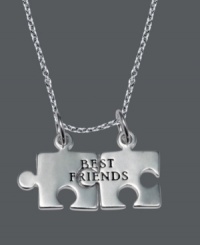 The perfect gift for your best friend for life. Unwritten's polished puzzle piece pendant features the words BEST FRIENDS engraved on the surface. Setting and chain crafted in sterling silver. Approximate length: 18 inches. Approximate drop: 1/2 inch x 3/4 inch. The perfect gift for your best friend for life. Unwritten's polished puzzle piece pendant features the words BEST FRIENDS engraved on the surface. Setting and chain crafted in sterling silver. Approximate length: 18 inches. Approximate drop: 1/2 inch x 3/4 inch.